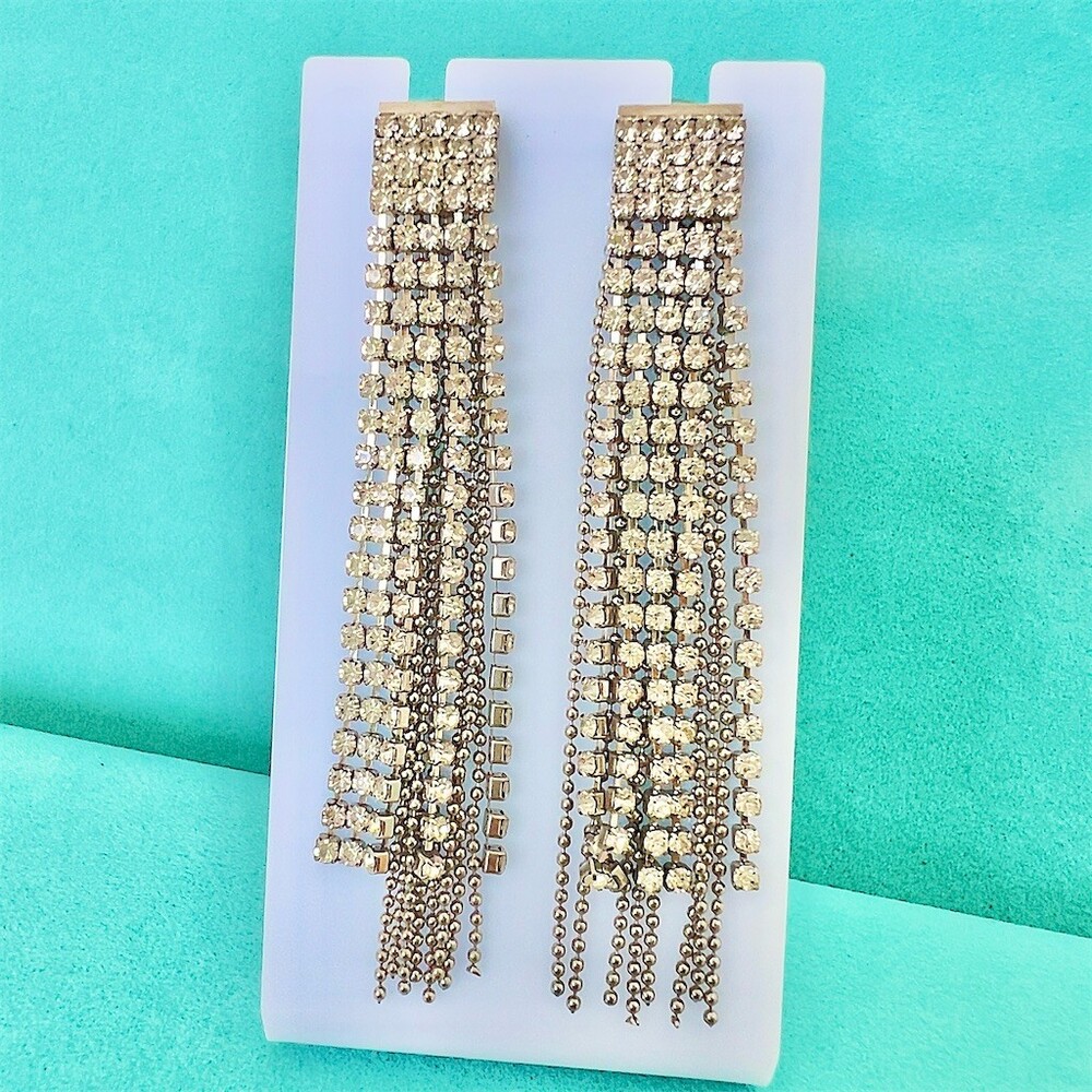Vintage Rhinestone Tassel Fringe Drop Earrings Silver Clear Crystal Pierced Glam